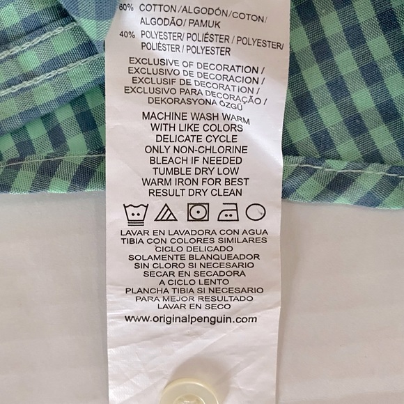 Penguin Men  Collared Shortsleeve button Shirt Mint Green/Light Blue Checked - Picture 4 of 6